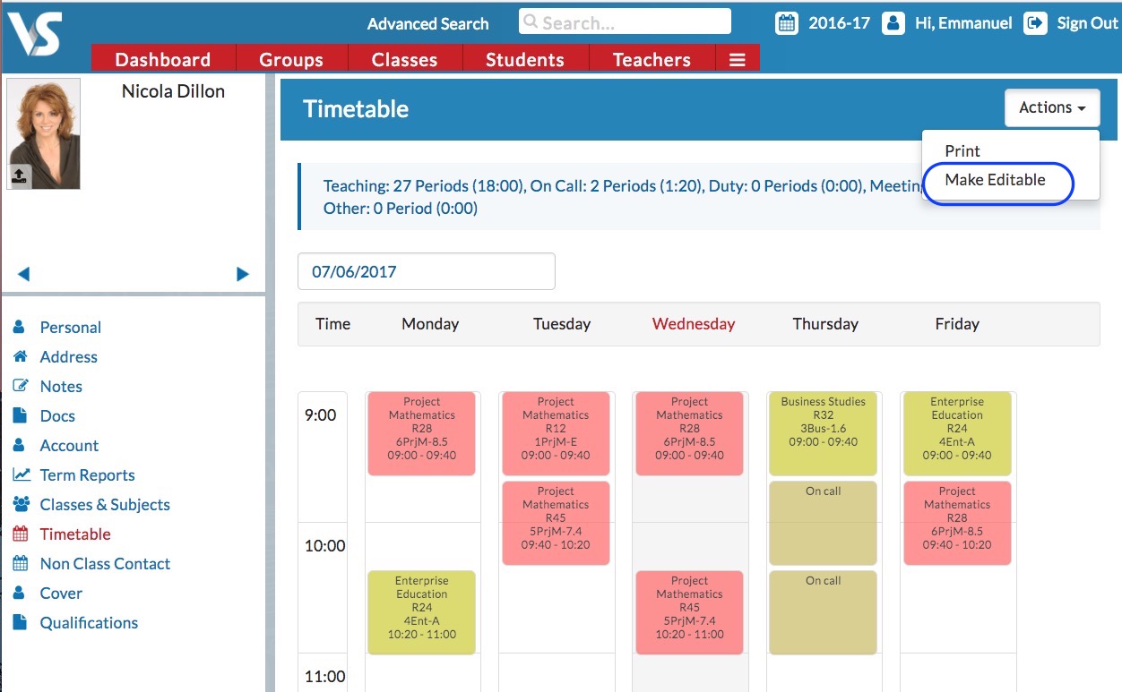 Make Editable Manually Edit a Teacher's Timetable during the school year